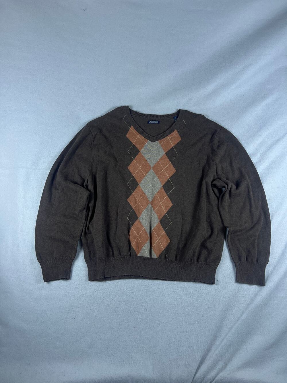 Consensus Sweater Mens XL Brown V Neck Argyle Diamond Knit Preppy Academia Golf